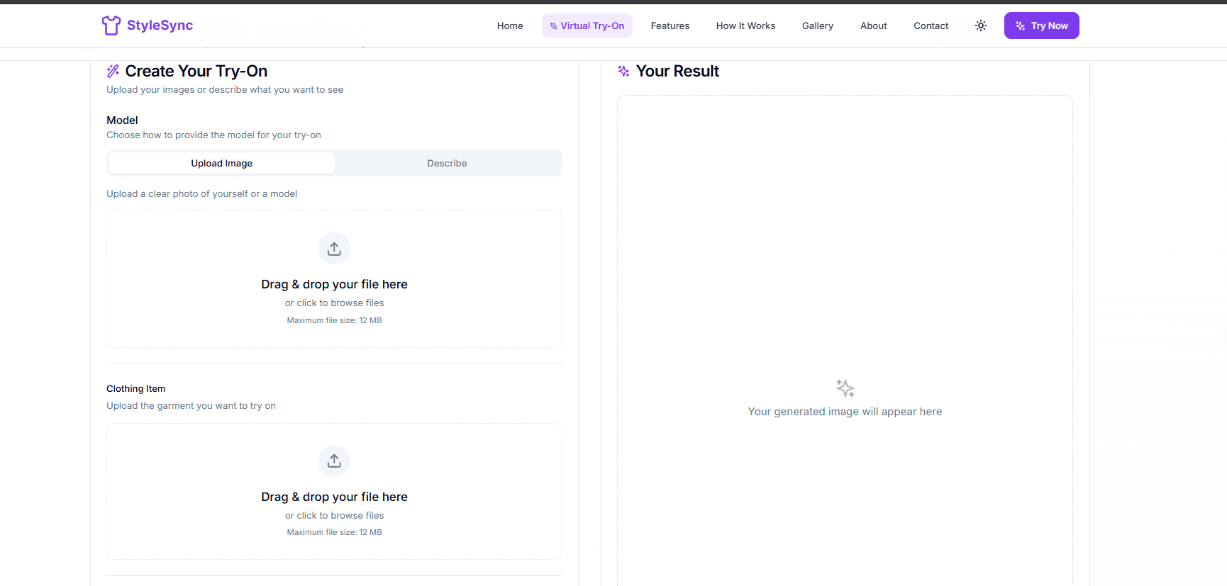 StyleSync – Virtual try-on fashion app interface